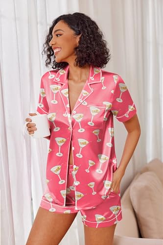 Image of Ekouaer Womens Satin Silk 2 Piece Pajamas Set Short Sleeve Sleepwear | Button Down Top and Shorts Loungewear Set for Sleep, Home, Wedding, Travel, Party, Daily Wear & Great for Sharing