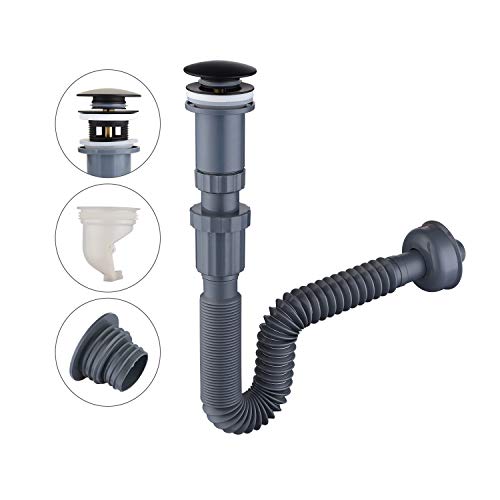 GORDEE Bathroom Sink Stopper Vertical Straight Bottle Trap Complete Set Adjustable 1-1/4 Sink Drain Kit Tube and Pop Up Drain Stopper Set, with or without Overflow Adjustable, Black
