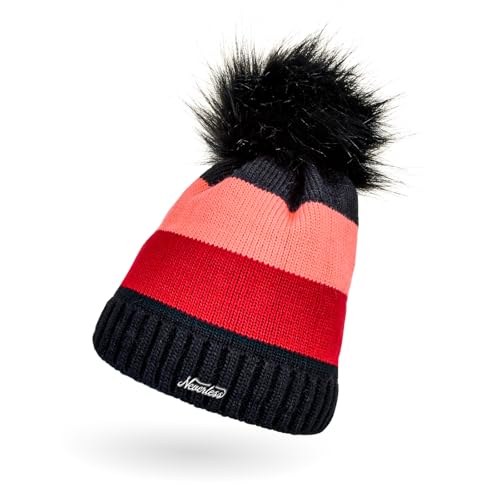 Neverless Dicke, gestreifte Damen Strickmütze gefüttert mit Kunstfell-Bommel, Strick-Beanie, Winter-Mütze, Schwarz-rot-hellrot Unisize