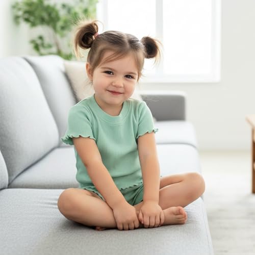 Image of Toddler Girl Clothes Summer Outfit Short Sleeve Shorts Set 12M-5T | Soft ribbed knit toddler girl outfit with breathable fabric, ruffle top, comfy shorts and stretchy fit for summer daily wear.