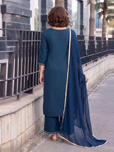 Image of ANNI Designer Women's Ruby Cotton Embroidered Straight Solid Kurta with Palazzo and Dupatta Set | Elegant Ethnic Kurta Set for Women | Comfortable Traditional for Office, Daily and Festive Use