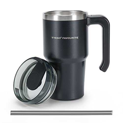 Olerd Taza de café de acero inoxidable con tapa, 600 ml, taza térmica con pajita y asa, taza de té, taza de viaje, doble pared, aislada a prueba de fugas, taza de café para go (negro) Cover