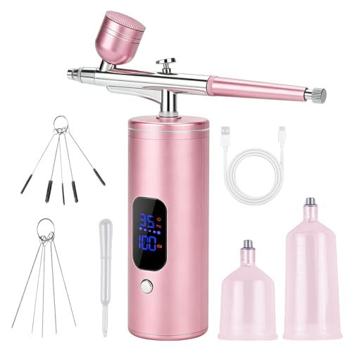 Kabelloses Airbrush-Set mit Kompressor, 30 PSI Tragbares Akku-Airbrush Kit Wiederaufladbar Handheld Airbrushpistole+ Reinigungszubehör für Make-up Nageldesign Kuchendekoration& Modellbemalung(Rosa)