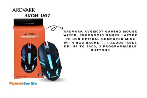Image of ARDVARK AVGM-007 Gaming Mouse Wired, Ergonomic Gamer Laptop PC USB Optical Computer Mice with RGB Backlit, 4 Adjustable DPI Up to 2400, 3 Programmable Buttons