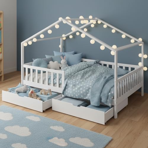 Bellabino Bia Kinderbett 140x200 cm – Hausbett mit Rausfallschutz, Lattenrost & 2 Schubladen – Montessori Kinder Bett aus Massivholz Kiefer – Bett für Jungen und Mädchen mit Stauraum in Weiß