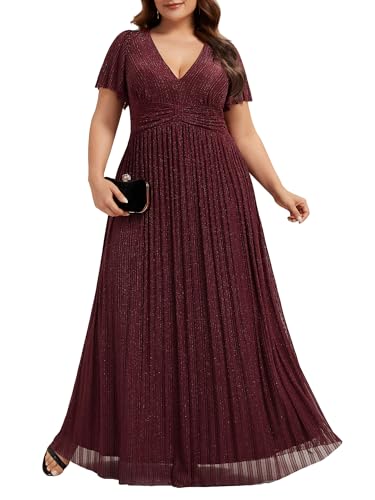 Image of Ever-Pretty Women's Plus Size Glitter Formal Dresses for Curvy Women A Line V Neck Gala Mother of Bride Dress Evening Gown