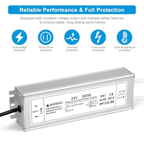 Image of 24V 300W LED Power Supply, IP67 Waterproof LED Driver, AC 110V to DC 24 Volt 12.5A Low Voltage Transformer Converter for Outdoor LED Strip & Landscape Lighting, 3-Prong Plug with 3.3FT Cable