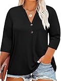 Chulianyouhuo Womens Plus Size 3/4 Sleeve Tops Casual V Neck Button Tee Shirts Basic Loose Fit Tunic Blouse(Black,4X)