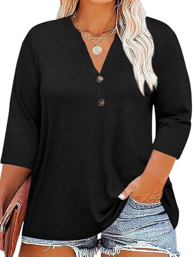 Chulianyouhuo Womens Plus Size 3/4 Sleeve Tops Casual V Neck Button Tee Shirts Basic Loose Fit Tunic Blouse