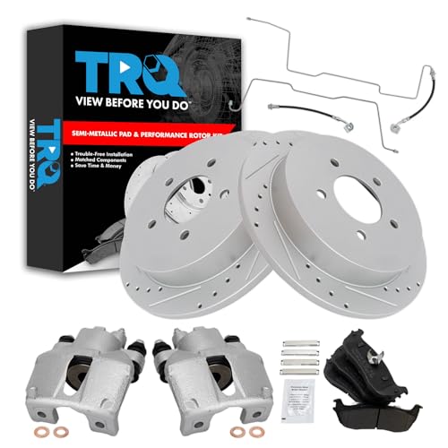 Image of TRQ Performance Rear Brake Pad and Rotor Set Semi Metallic Slotted Drilled Coated Rotors Calipers Compatible with 1999-2003 Ford F-150 2004 F-150 Heritage