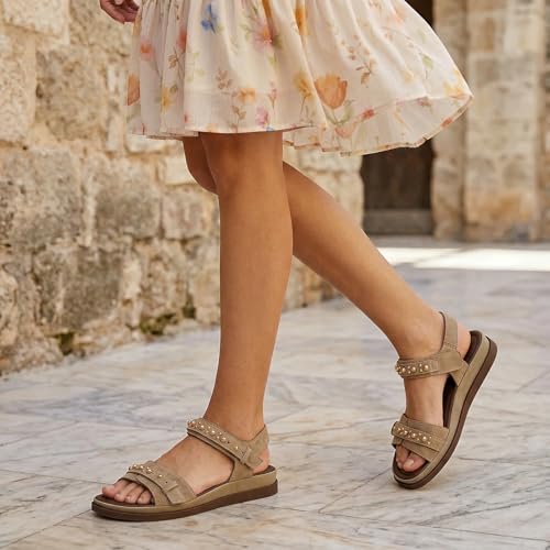 Image of UBFEN Womens Sandals Comfortable Arch Support Steel Beaded Flat Sandals with Back Strap - Open Toe Slingback Shoes for Beach, Vacation and Travel
