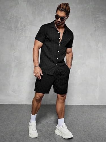 Image of GRECIILOOKS Men'S Summer Casual Two Piece Outfit, Textured Button Down Shirt and Shorts Set, Lightweight Poly Blend Co-Ord for Beach, Travel & Lounge Wear