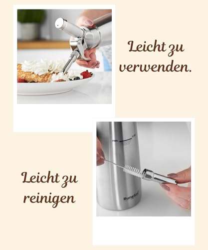 Foto von Runesol Sahnespender Edelstahl 500ml, Auslaufsicherer Einfach Reinigen Sahnesyphon, Professionelle Sahnesprüher für Desserts, Schlagsahne mit 3 Deko-Düsen, Schlagsahnebereiter, Whip Cream Dispenser