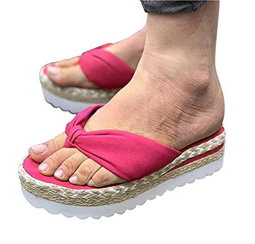 SSYUNO Women Flip Flops Sandals, Summer Comfy Slip-On Flat Beach Open Toe Slippers Weave Shoes Casual Sandals Low Wedge