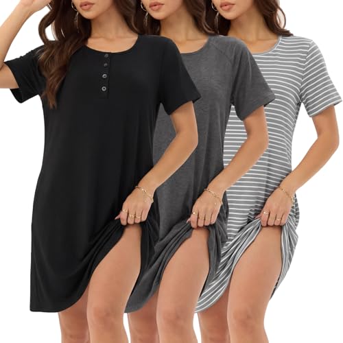 JOYLADY 3 Pack Womens Nightgowns Soft Sleep Shirts Short Sleeve Nightshirt Casual Pajama Sleepdress with Pockets XL