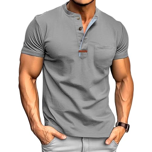 Men Round Neck Henry Collar Casual Shirt Quarter Button Chest Pocket T Shirt Summer Classic Sport Pullover Tops (Grey,Medium)