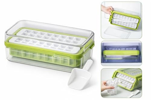 Image of Silicone Ice Cube Tray with Lid, Storage Box & Scoop | Easy Release Ice Maker Mold | Stackable, Spill-Proof Ice Tray for Freezer, Drinks & Cocktails (Cream)