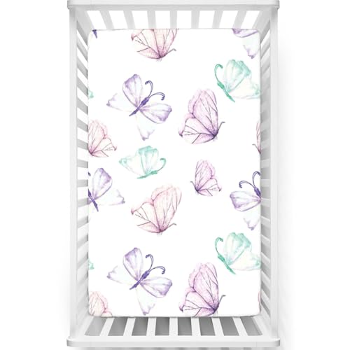 Image of Purple Butterfly Themed Fitted Crib Sheet,Standard Crib Mattress Fitted Sheet Ultra Soft Material,for Boys Girls,28“ x52“,Blue Violet Mauve Taupe and Sea Green