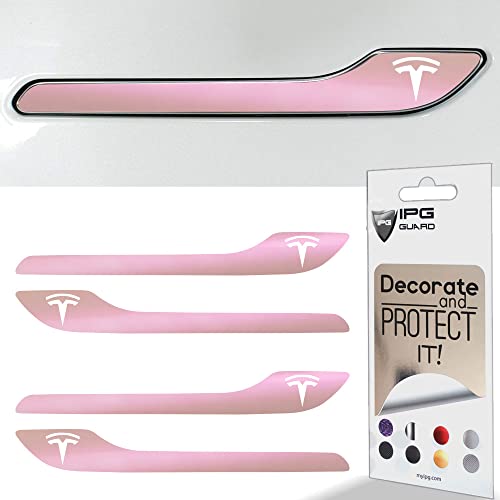 Image of IPG Compatible for Model 3 / Model Y /Juniper Door Handle Decal Sticker Wrap Kit (Set of 4) with Tesla Logo Personalize Your Tesla (Pink Pearl)