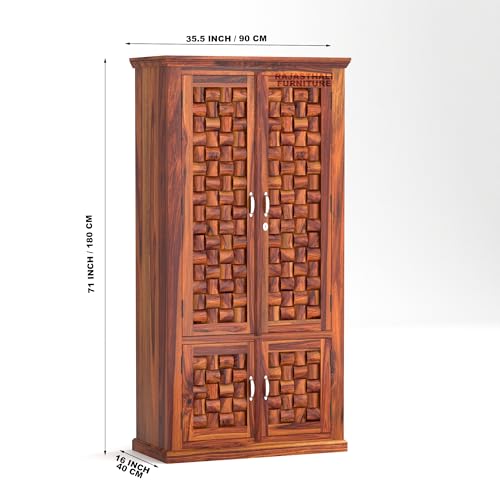 Image of Niwar Solid Sheesham Wood Wardrobe for Bedroom Modular Wooden Wardrobe Space Saving with 2 Door & 2 Drawer /Storage Rack Clothes Almirah Cupboard for Bedroom (Honey Finish)