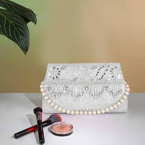 Image of Nevis Women's Embellished Clutch with Pearl Handle | Fancy Designe & Wedding Potli Bag for Festive & Evening