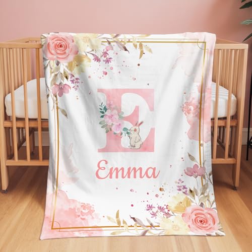 Image of Personalized Baby Blanket with Name, Custom Baby Blanket for Girls Soft Flanne Blankets in Easter Personalized Baby Gifts for Infant Newborn Shower