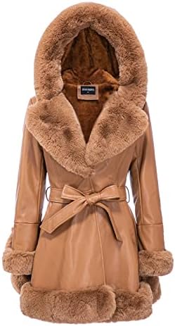 GRAN ORIENTE Khaki Faux Leather Jacket for Women with Faux Fur Collar Long Sleeve Parka with Pockets Warm Winter Parka Coat with Belt Plus Size Outerwear GK024-Khaki-L