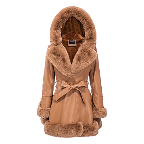 Gran Oriente Khaki Faux Leather Jacket For Women With Faux Fur Collar Long Sleeve Parka With Pockets Warm Winter Parka Coat With Belt Plus Size Outerwear Gk024-Khaki-L #TOP2