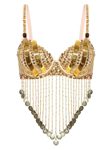 iiniim Mujer Top de Danza del Vientre Top de Danza Oriental con Borlas de Flecos Sujetador Danza Disfraz de Bailarina India árabe Dorado M