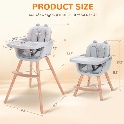 3-in-1 Baby High Chair, Convertible Wooden High Chair for Babies and Toddlers with Adjustable Legs & Dishwasher Safe Tray, Sleek Beech & Premium Leather (Grey)
