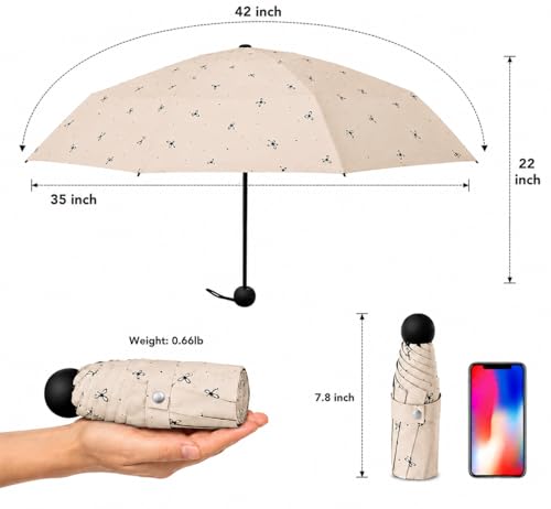 Image of Mini Umbrella with Case for Men & Women (Manual Open) Compact Travelling Pocket Umbrella, Polyester & UV Protect Fabric for Summer /Anti-Slip Handle- Use in Rain & Summer (Beige-Print)