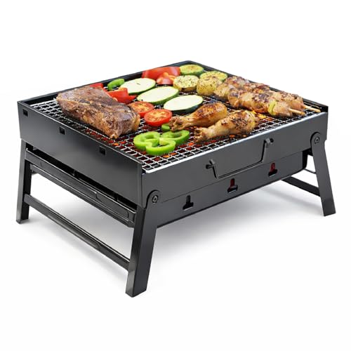 TIENDA EURASIA – Barbacoa de Carbón Plegable Portátil | Parrilla BBQ de Hierro Negro | Compacta y Fácil de Transportar | 35x27x20 cm | Ideal para Camping, Jardín, Terraza y Picnic