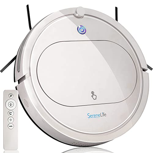 SereneLife Robot Vacuum Cleaner with Remote Control, Smart Robotic Machine Automatic Floor Cleaning Robo Vac with Dry Mop for Clean Home Carpet Hard Wood Tile Pet Hair, White, 1 by SereneLife - Used condition - US$66.02