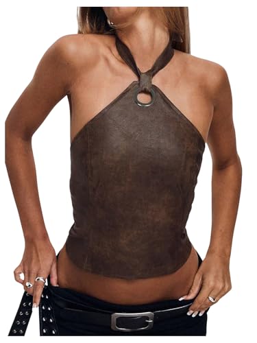 Verdusa Women's Y2K Lace Up Backless Leather Halter Top Rave Club Going Out Tops