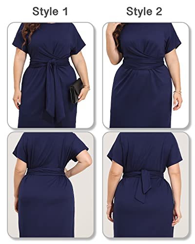 Image of Pinup Fashion Plus Size Dresses for Women Wedding Guest Short Sleeve Tie Front Waist Belted Pencil Work Knee Dress