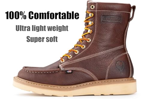 SUREWAY 8in Wedge Moc Toe Work Boots for Men Soft Toe,Premium Full Grain Leather,Safety Work Boots/Shoes,Comfort Insole,Oil/Slip Resistant,Industrial Construction Boots DK BROWN3