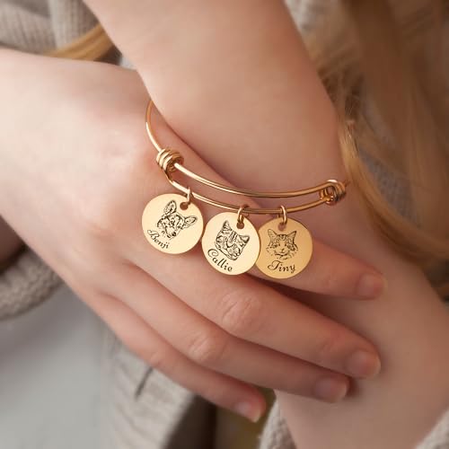 Anavia 1/2/3/4 Disc Pet Portrait Bangle Bracelet, Personalized Pet Memorial Expandable Charm Bracelet Jewelry Gift, Customized Round Disc Photo Engraved Dog Cat Bracelet for Animal Lovers4