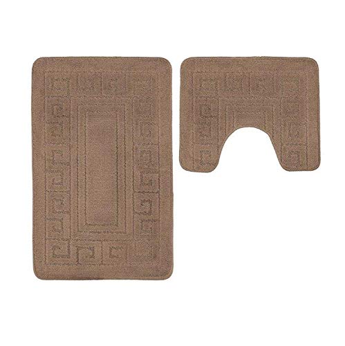 EHD Greek Design 2 Piece Bath Mat and Pedestal Mat Sets Non Slip Water Absorbent Regular Size Bathroom Rugs (Latte)