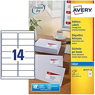 Avery Self Adhesive Address Mailing Labels, Inkjet Printers, 14 Labels Per A4 Sheet, 1400 labels, QuickDRY (J8163), White, 100 Sheets