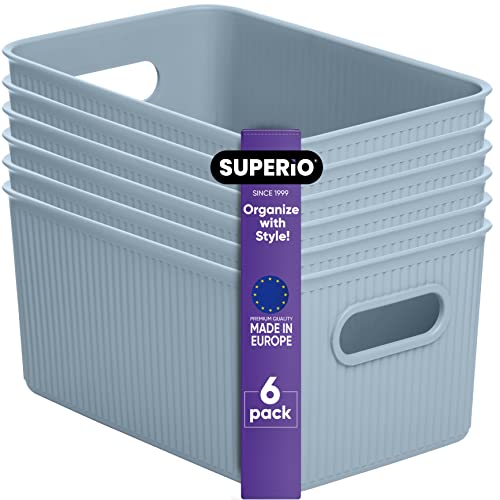 Image of Superio Ribbed Collection - Decorative Plastic Basket Open Home Storage Bins Organizer, Medium Blue (6 Pack) Container Boxes for Organizing Closet Storage Bins for Shelves Drawer Shelf 5 Liter
