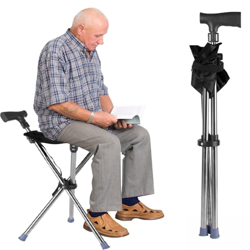 Folding Walking Stick Seat Adjustable Aluminium Cane Chair with Built-In Seat for Elderly & Adults Lightweight Portable Support Stool Black