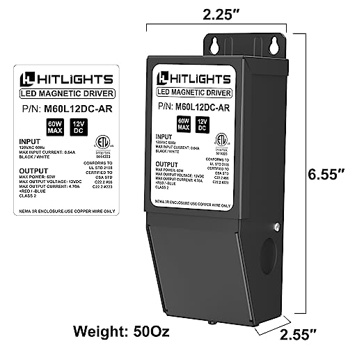 Image of HitLights Dimmable LED Driver 12V 60W, Magnetic Power Supply, 120VAC to 12VDC, Compatible with Lutron＆Leviton Dimmer, Low Voltage Transformer for LED Strip Light, Kitchen, Cabinet, Class2, ETL Listed