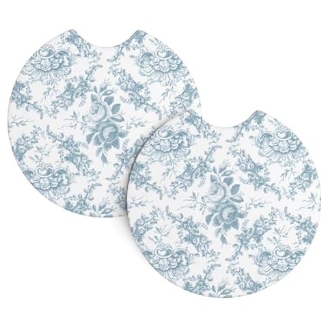 LRMMOTR Elegant Engraved Blue and White Floral Toile Car Coasters for Cup Holders, 2 Pack Non-Slip Universal Rubber Car Cup Coaster for Women, Car Interior Accessories, Black Cover