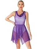TiaoBug Damen Transparent Kleid Asymetrisches Tanzkleid Ballett Tanz Body Tunika Top Bikini Bademode Cover Up Glitzer Mesh Überkleid Violett XL