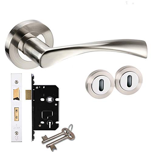 EUROART Astrid/Twirl Internal Door Handles Lever On Rose - Dual Finish Polished Steel/Satin Steel, Latch, Bathroom & Key Lock Sets (Key Lock Set)