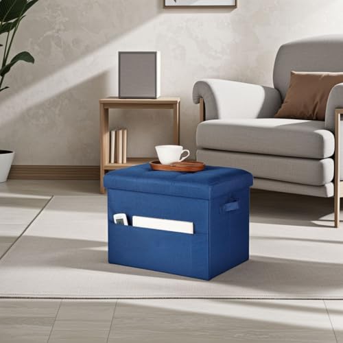 Image of Bsketa Storage Ottoman Bench,17 inch Folding Linen Foot Rest Stool,Dark Blue | Small Ottoman with Side Pockets, Thicker Foam Padded Seat, Livingroom, Dorm, Bedroom, Easy to install, 43L,17 x 13 x 13in