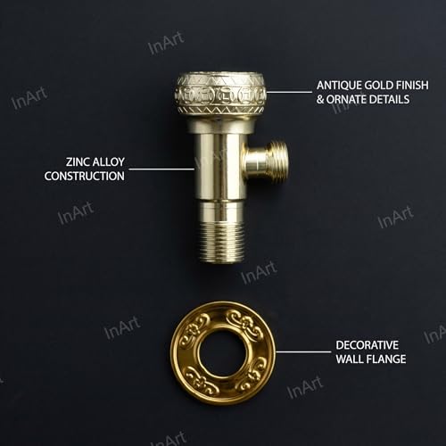 Image of InArt Zinc Angle Cock Valve for Bathroom & Kitchen | Stop Cock with Wall Flange | Antique Finish (Gold) - 5 Year Warranty