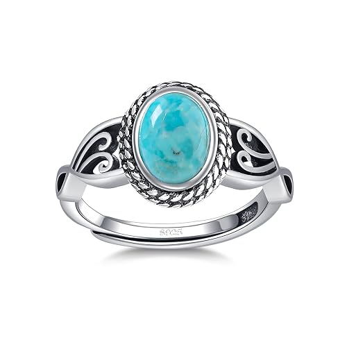 Adjustable Rings for Women 925 Sterling Silver Rings Womens Vintage Rings with 6 * 8mm Oval Teal Turquoise/Turquoise/Moonstone/Opal Statement Rings Fit Women Size 6-9