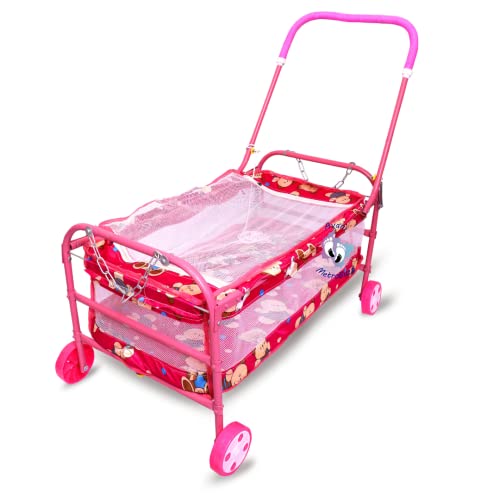Image of Avani MetroBuzz Baby Swing Mosquito Net Jhula Palna Stroller Swing for Born Baby 1-2 Years Babies-Newborn Baby Cotton Baby Sleep Baby Bedding Swings with Wheels (Pink)