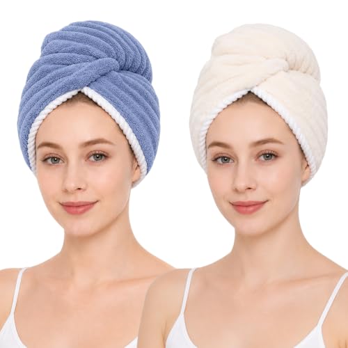 ELOFTLY 2 Pack Microfiber Hair Towel Wraps, Quick Dry Turbans, White & Blue by ELOFTLY - Used condition - US$13.49